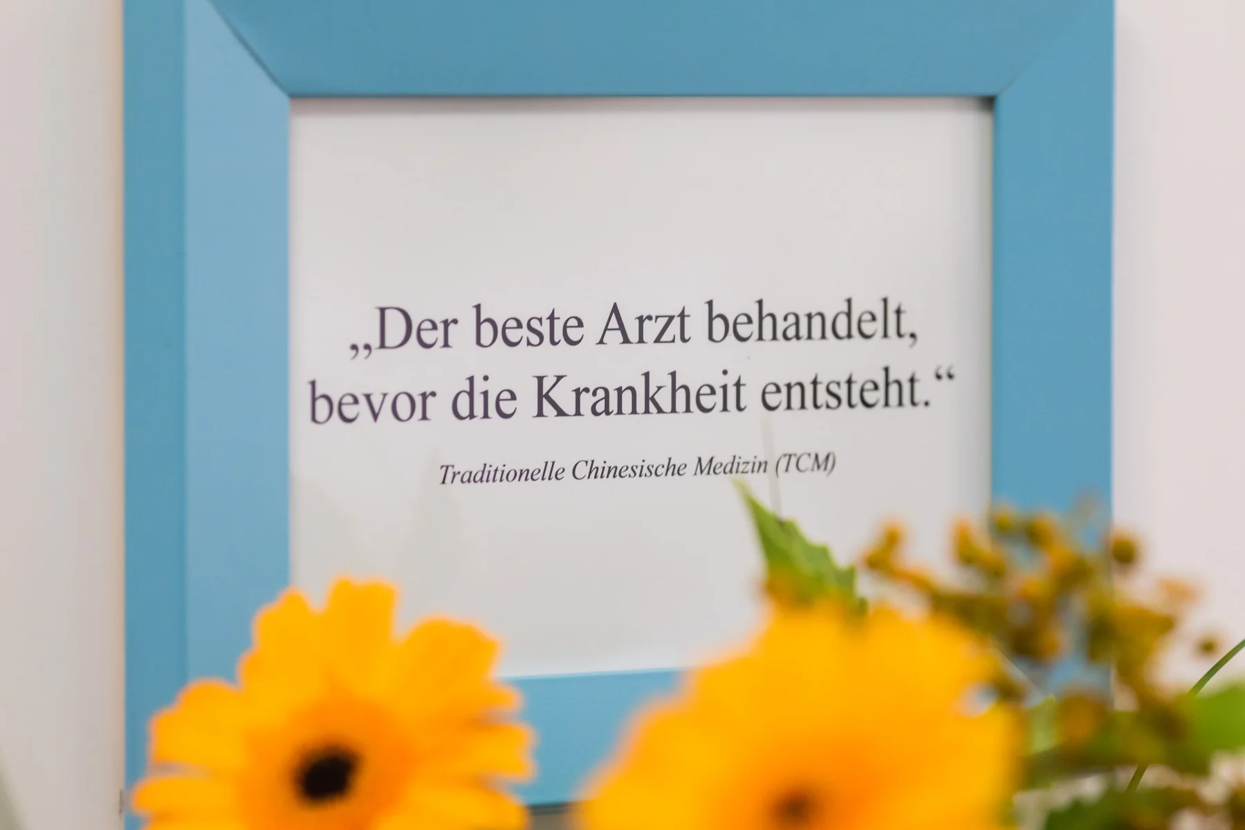 Gerahmter Leitsatz im Empfang: Der beste Arzt behandelt, bevor die Krankheit entsteht.